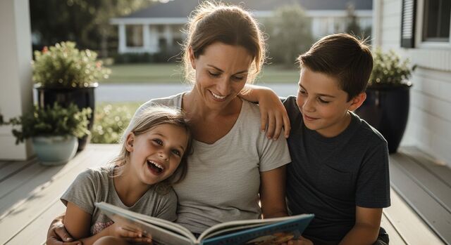 A Florida mom and her two children sharing a book together on a sunlit porch