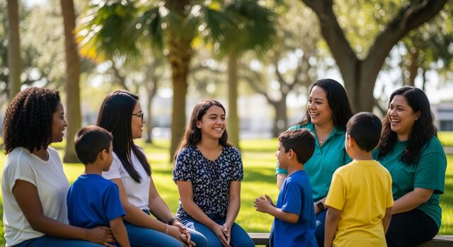 A group of Florida moms and their school-aged children gathered together in a sunny park