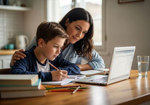 A mom helping her son with schoolwork at the kitchen table