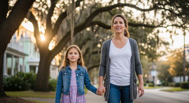 A mother and her young daughter walking together at sunrise, looking ahead with hope