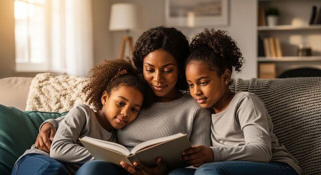 A mother and her two daughters reading a book together at home